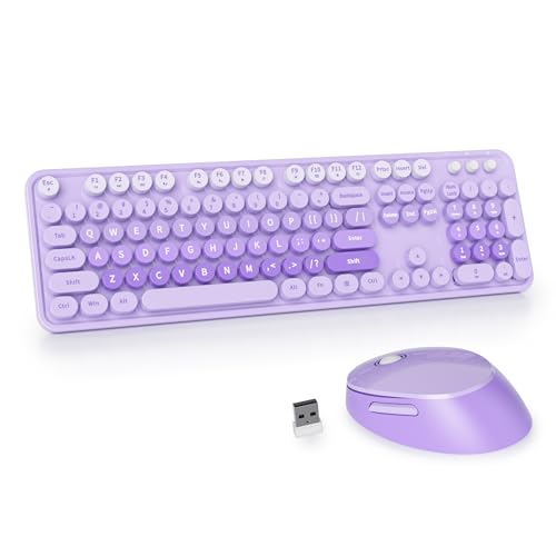 Image of GTSP Colorful Purple Wireless Keyboard and Mouse Combo, Retro Typewriter Wireless Full-Size Cute Office Keyboard 2.4GHz with Round Keycaps for Desktop Laptop and PC (Cute Purple)