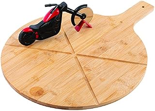 Hairy Bikers Bamboo Pizza Cutting Board KAS1827 with Motorbike Roller Cutter Round Wooden Serving Tray with 6 Slice Grooves Great Gift Set Idea 50 x 37.5 x 1.2CM