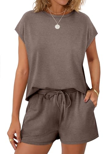 Image of WIHOLL Two Piece Sets for Women Summer Crew Neck Lounge Short Sets Cap Sleeve Drawstring Sweatsuit with Pocket