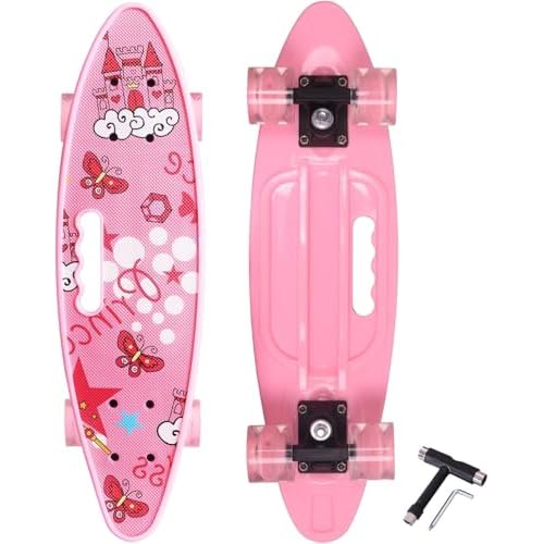 Nattork Skateboards 22 Inch Mini Cruiser Skateboard Complete Retro Skate Boards with Colorful Light Up Wheels for Kids Girls Boys Beginners Pink Castl