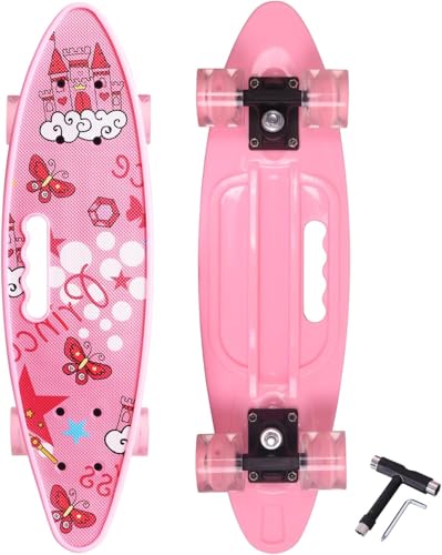 Nattork 23.5 Inch Mini Cruiser Girls Skateboard with Portable Handle Classic Retro Plastic Complete Kids Skateboard for Boys Youths Beginners (Pink Castle)