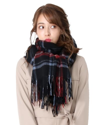 [Filomo] カシミヤ混 大判 ストール タータンチェック柄 レディース : ブラック＆レッドチェック
