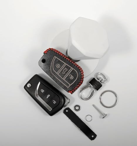 Image of Leather Smart Car Key Cover Case with Metal Hook Keychain for Toyota Corolla Altis Innova Crysta (Black)