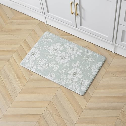 Laura Ashley - Anti-Fatigue Kitchen Mat, Iris Floral Design, Stain, Water & Fade Resistant, Cooking & Standing Relief, Non-Slip Backing, Measures 17.5" x 32", Sage Green Iris