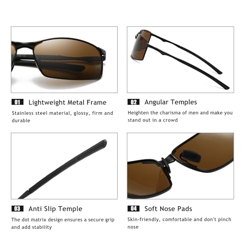 Image of SUNGAIT Ultra-Lightweight Polarized Sunglasses Men for Driving Fishing Golf, Rectangular Metal Frame with Spring Hinge