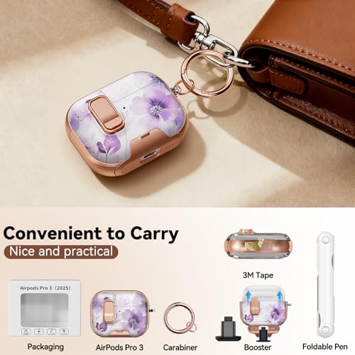 Image of for AirPod Pro 3 Case 2025, with Safty Lock & Phone Stand for Floral AirPod Pro 3 Generation Case Cover for Women Girly, iPod Pro 3 Cases with Keychain & Cleaner Kit -Purple Ink Wash Flower