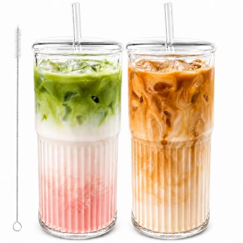 Luiaiog 20 oz Glass Cups with Lids and Straws, Ribbed, 2 Pack