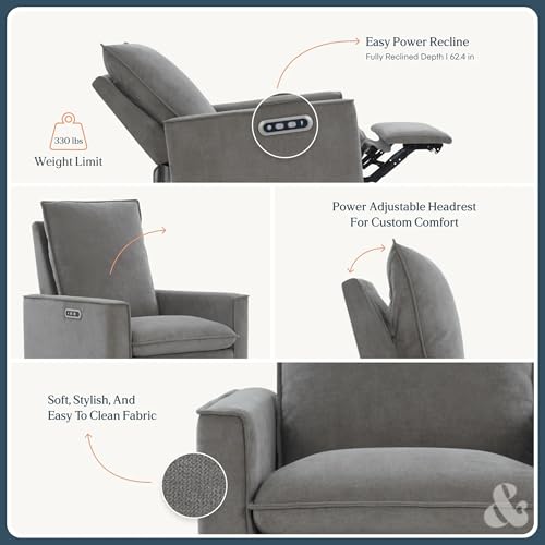 Image of Nurture& Montauk Power Glider Recliner - Premium Nursery Recliner Chair with USB‑A /C, Adjustable Headrest & Gentle Glide, Stain‑Resistant Upholstery, Comfortable & Space‑Smart, Gray