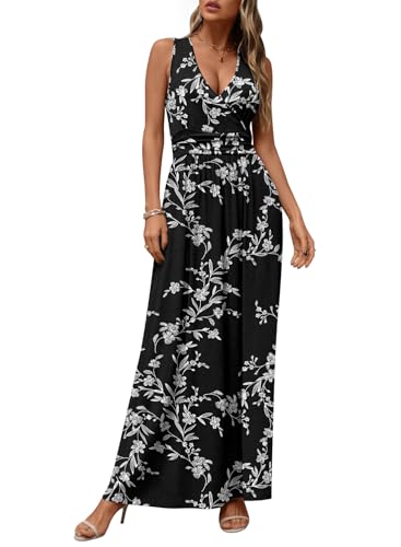 CATHY Women's Casual Sleeveless Deep V Neck Beach Waist Maxi Dresses with Pockets