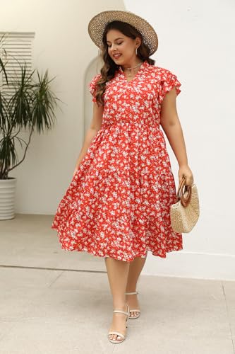 Image of Keluummi Plus Size Midi Dress for Curvy Women Wedding Guest Summer Floral Empire Waist Short Sleeve with Pockets