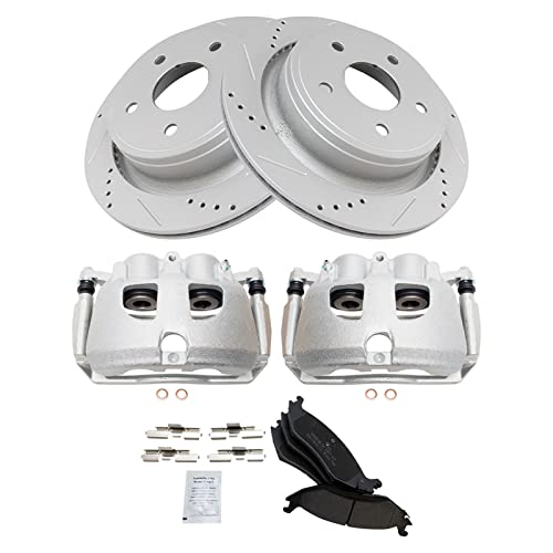 Image of TRQ Rear Performance Brake Pad, Caliper, & Rotor Kit Semi-Metallic Vented Premium G-Coated Compatible with 2012 Ram 1500