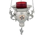 90 jour guarantee! Lampe a huile en bronze a suspendre, culte chretien orthodoxe Grec avec coupelle en vevre rouge pour les veillée bougie 231n
