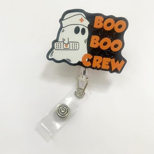 Boo Boo Crew Halloween Badge Reel,Funny Glitter Ghost Retractable Nurse Badge Holder with Alligator Clip Accessories for Nursing Student Teacher Office Gift