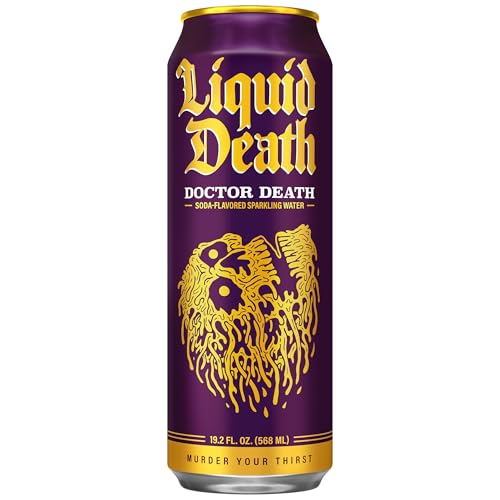 Image of Liquid Death Soda-Flavored Sparkling Water - Doctor Death (Cherry, Cream, Spice), Less Sugar*, Huge Flavor, No Caffeine, No Artificial Sweeteners, King Size 19.2 Fl Oz (Pack of 12)