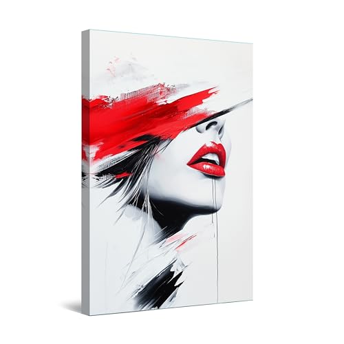 Startonight Quadro su Tela Luminoso - Labbra di Donna con Accenti Rossi e Bianchi Neri Astratti, Quadri Moderni Astratti per Camera da Letto, Stampe Incorniciate 60x90 cm, Decorazione Parete