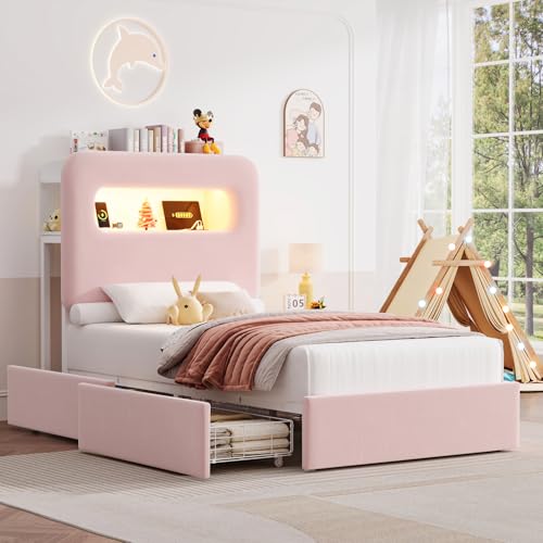 HOSTACK Twin LED Bed Frame with Storage