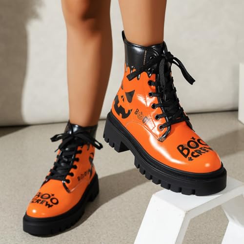 Halloween Gothic Combat Boots Fashion Lace-Up Skull Rose Ankle Booties Chunky Heel Platform Leather Boots4