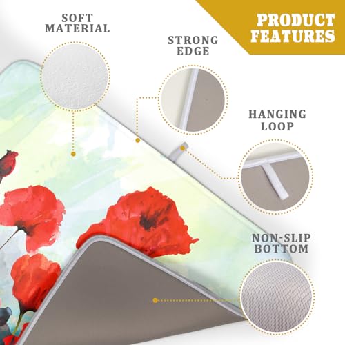 Image of Red Watercolor Flower Dish Drying Mat for Kitchen Counter 18 x 24 Inch - Poppy Absorbent Reversible Microfiber Dish Mat, Heat Resistant Drying Pad Dish Drainer Mats for Countertop