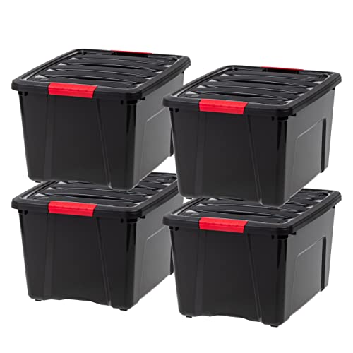 Image of IRIS USA 40 Qt Stackable Plastic Storage Bins with Lids, 4 Pack - BPA-Free, Made in USA - Garage Organizing Solution, Latches, Durable Nestable Containers, Secure Pull Handle - Black