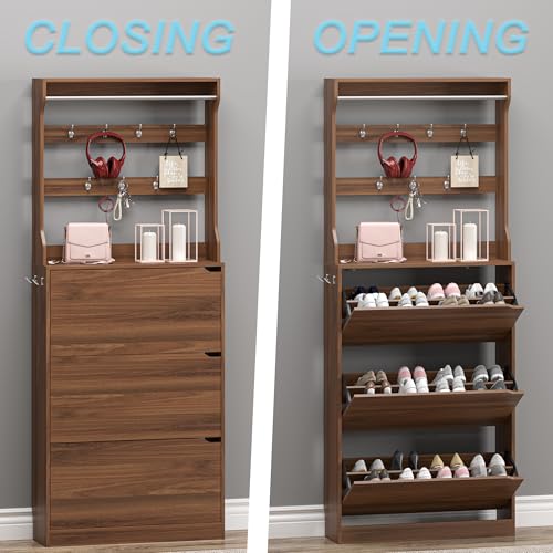 Image of BORNOON Shoe Cabinet with 3 Flip Drawers & Coat Rack, Narrow Hidden Shoe Storage Cabinet, 2-in-1 Hall Tree Slim Freestanding Shoe Rack Organizer for Entryway, Hallway, and Living Room