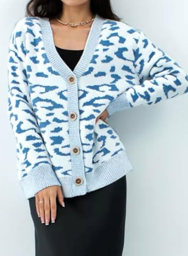 chouyatou Women's Baggy V-Neck Leopard Sweater Cardigans Sweater Button Down Chunky Knit Sweater Jacket2