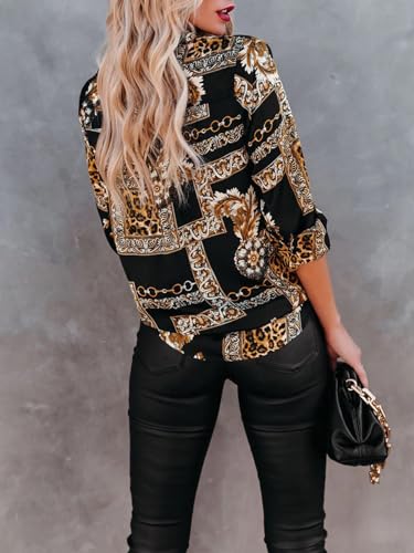 Blouses for Women Aesthetic Button Down Shirts Long Sleeve Dressy Casual Floral Tops Fall Outfits for Women 2025 Trendy - Black Leopard L2