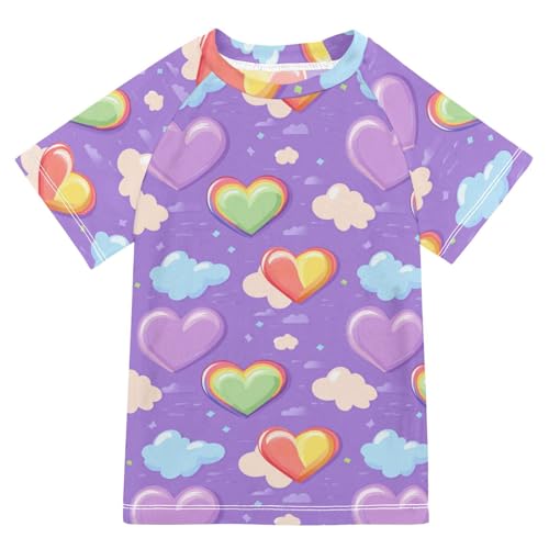 Bathing Suit Girls Short Sleeve Kids Rash Guard Swim Girls 9T Colorful Hearts Rainbow Purple