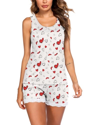 Image of Ekouaer Womens Pajama Sets Sleeveless Tank Top and Shorts Pj Set Lace Hem Sleepwear S-XXXL