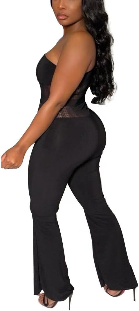 Women's Sexy One Shoulder Slit Sleeve High Waist One Piece Pant Outfit Wide Leg Jumpsuit Romper - Image 2