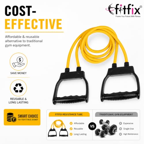 Image of Fitfix Yellow Resistance Exercise Tube 25Kg Resistance 55 lbs Workout Exercise Band Tube with Handle for Home Gym Use Resistance Bands for Pull Ups, Stretching Toning Tube for Warm Up