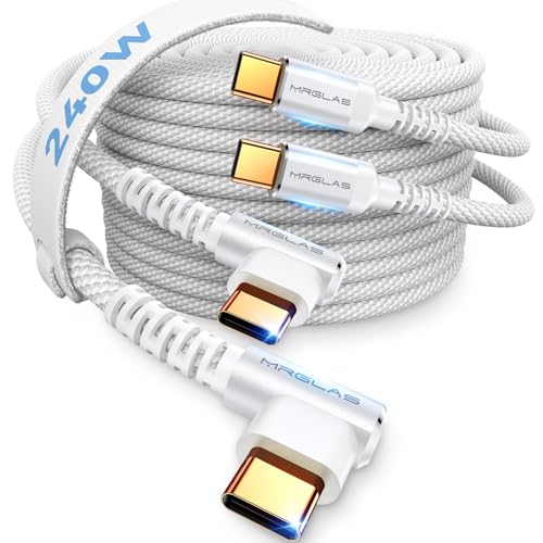 MRGLAS 2-Pack 240W USB C to USB C Cable Fast Charge (6.6ft), USBC to USBC Right Angle Cord Charger for iPhone 17 16 Pro Max, MacBook Pro 2020, iPad Pro 2020, iPad Air 4, Samsung Galaxy S25+/S25 Ultra