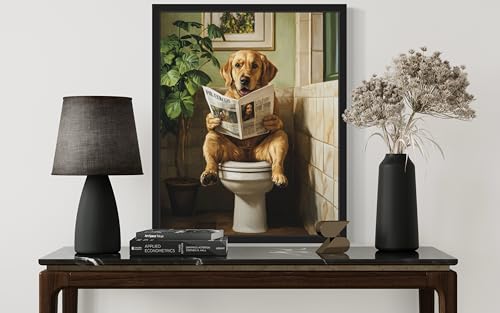 Image of Labrador Retriever on Toilet Black Framed Wall Art Print Poster, Dog Bathroom Humor Decor Posters Prints for Restroom Home Picture Painting Artwork Gallery 7 (Labrador Retriever, 20 inchL x 16 inchW, Black Frame)