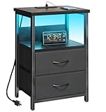 Fixwal Night Stand with Charging Station, LED Nightstand with U-S-B Ports and Outlets for Small Spaces, 2 Fabric Storage Drawers, Bedside Table End Tables Bedroom, Modern Black