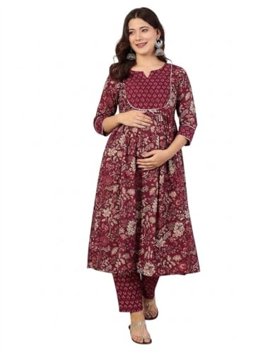 Image of ASSUME FAB Women Viscose Rayon Anarkali Maternity and Feeding Zip Kurti and Pant Set