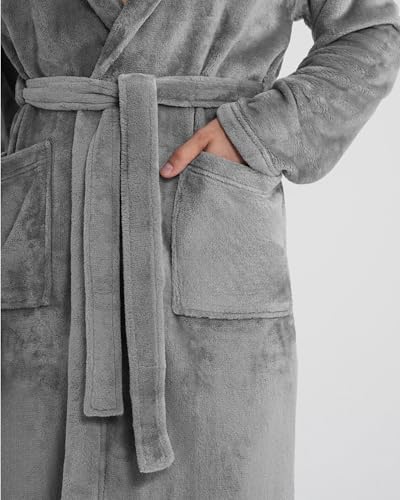Twinzen Damen & Herren Kuschelfleece Morgenmantel mit Kapuze L - Grau - Weich, Warm & Bequem - Öko-Tex Standard 100 zertifiziert