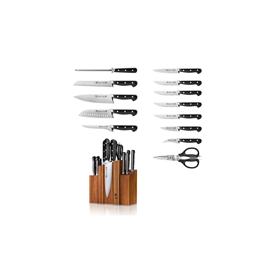 Cangshan TV2 Series 1023046 Swedish 14C28N Steel Forged 14-Piece DENALI Magnetic Knife Block Set, Acacia