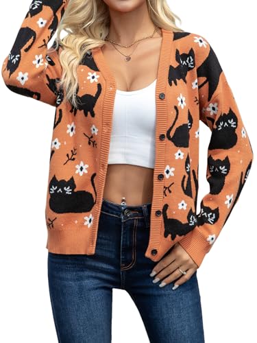 Halloween Sweaters for Women Black Cat Button Down V Neck Knit Sweater Cardigan Fall Winter Open Front Outerwear