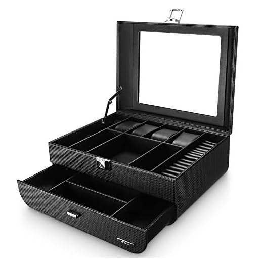 Seelux Caja para relojes, Organizador de Relojes para Hombre, Exhibición de Gafa, Porta Gafas y Joyas, 2 Capas Estuche Relojes, Bloqueable Negro