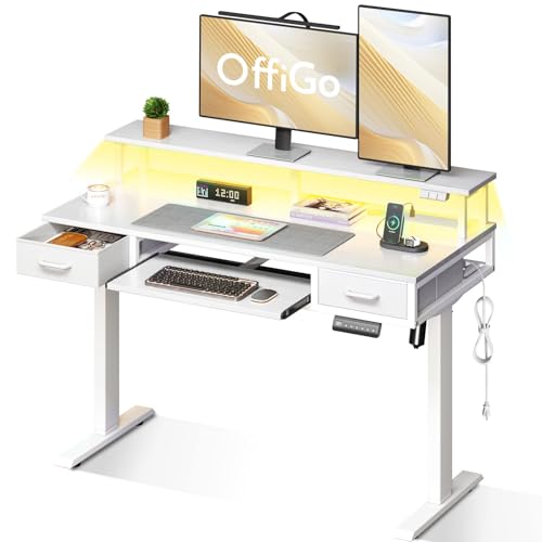 OffiGo Standing Desk, Height Adjustable Desk with Keyboard Tray, 120cm Adjustable Desk with Monitor Stand, Computer Desk with Drawers, Gaming Desk Height Adjustable with Sockets and Light Bar, White