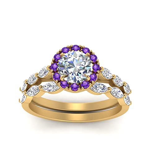 Ensemble d'anneaux de mariage rond et marquise halo plaqué or jaune tailles 47 à 70