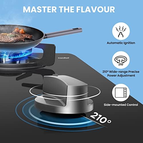 COMFEE' GH403GL-60 Black Glass Gas Hob, 4 Burner Gas Hob Cooktops, 60cm Gas Burner with 4 Cooking Zones  Black