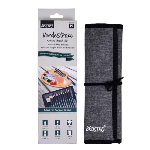 Image of BRUSTRO Artists' VerdeStroke Brush Set of 12 with Free Brush Roll | Natural Hog Bristles, Birchwood Handles| Ideal for Acrylic, Oil Painting & Charcoal Blending, Fine Art Students, Professionals
