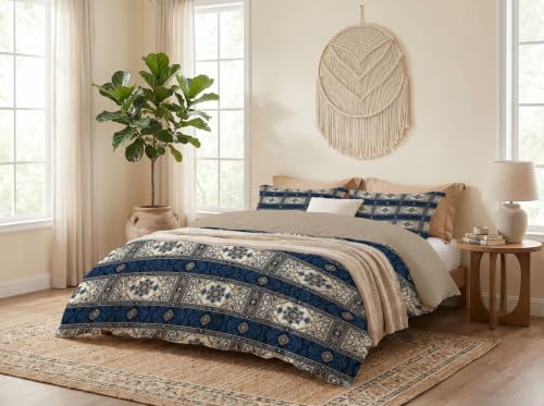 Housse de couette 200x200 bleu marine avec ses 2 taies d'oreiller géométriques