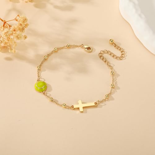 Image of Softball /Volleyball /Soccer /Basketball Football Bracelet for Girls Women, 14K Gold Plated Cross Link Chain Sport Accessories Christian Jewelry Gifts for Teens Team Coach Players