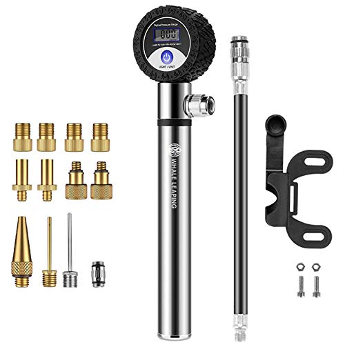 Bike Pump,Ball Pumps with Digital Pressure Gauge,120 PSI Aluminum Alloy Portable Mini Bicycle Pump Fits Presta & Schrader Valve, Multifunction Ball Pump with Frame Mount LCD Display Nozzle Adapter