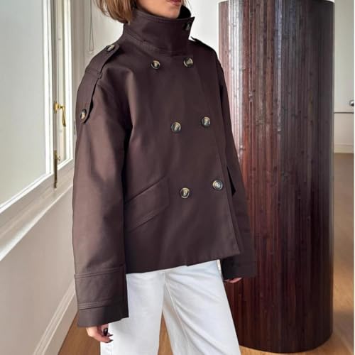 Cropped Trench Coat for Women Loose Long Sleeve Top Jacket Stand Neck Buttons Blazer Jacket Work Office Outwear2