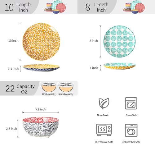 Image of Selamica Ceramic Plates and Bowls Sets,12 Pieces Dinnerware Sets for 4,Scratch Resistant Dish Set,Dishwasher & Microwave Safe, Assorted Colors