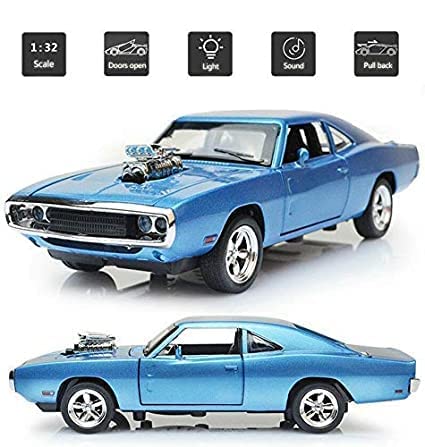 Image of WireScorts Fast & Furious 7 Diecast Metal Pullback Openable Doors Toy Cars with Flashing Light and Musical Sound for Gifts Toys for Kids Boys and Girls Children - Blue