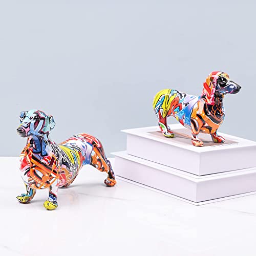 Kreative bemalte bunte Dackel Hund Dekoration Zuhause Modern Weinschrank Büro Dekor Desktop Harz Handwerk Miniaturen Statue (21,8 x 7,9 x 14 cm)