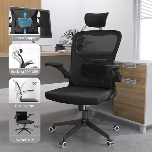 Image of Monhey Office Chair Ergonomic Desk Chair with Lumbar Support&Headrest&Flip-up Arms Height Adjustable Rocking Swivel High Computer Chair Multi-Angle from 90 to 125 with 350LBS Capacity (03All Black)